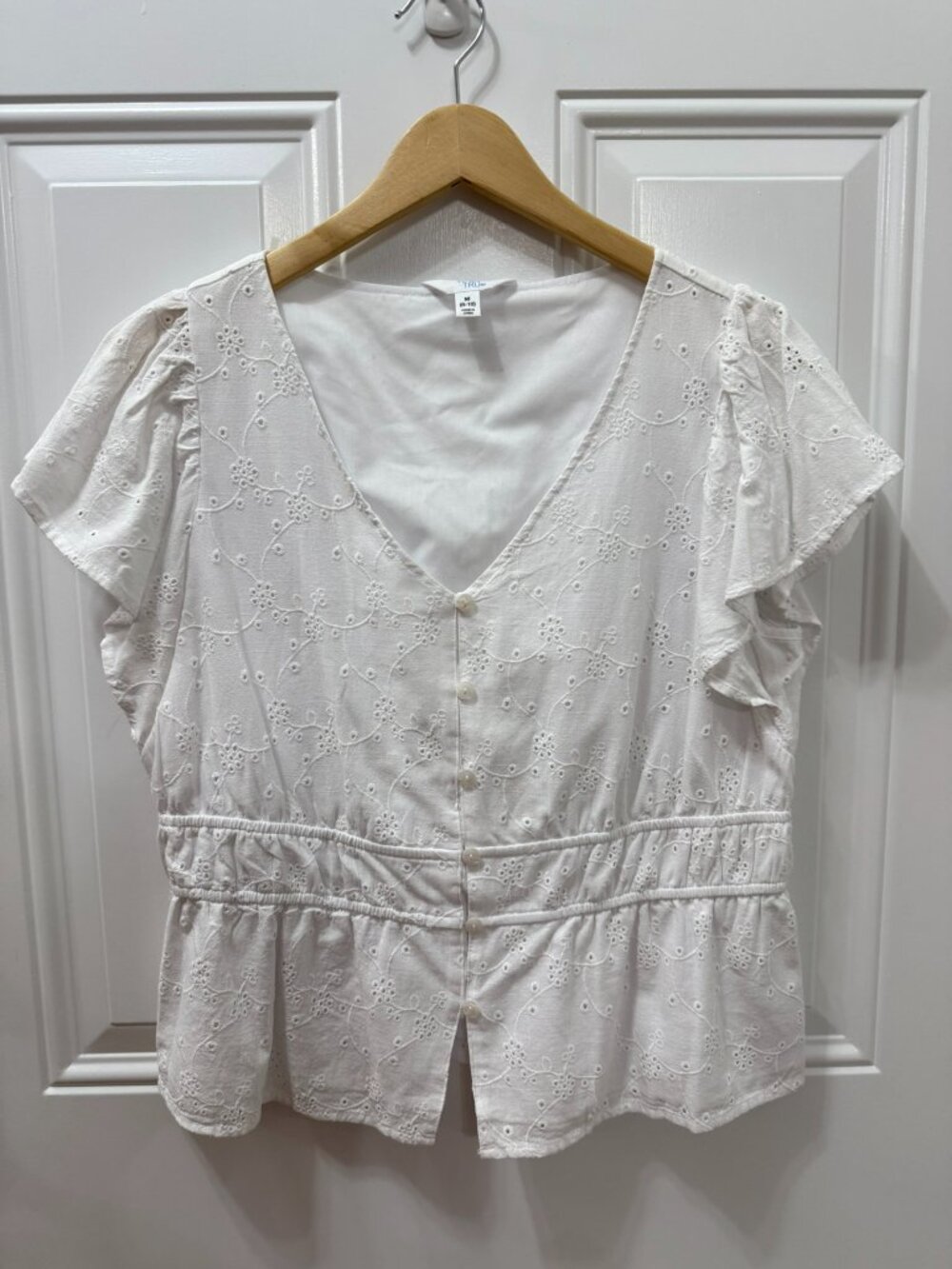 White Eyelet Peplum Blouse Flutter Sleeve Size M (8/10) - Picture 3 of 9